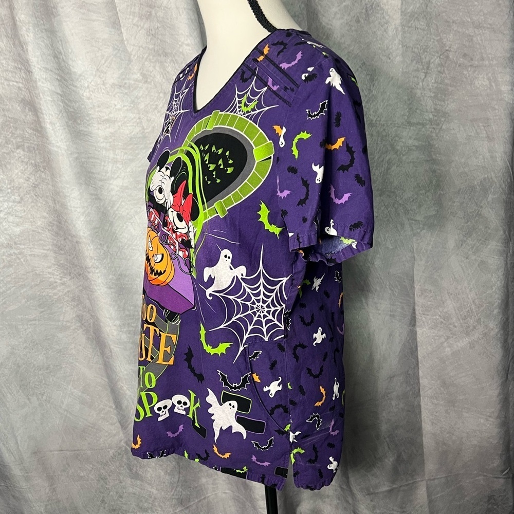Disney Mickey & Minnie Mouse Halloween Too Cute To Spook Purple Scrubbing Top - Picture 5 of 13